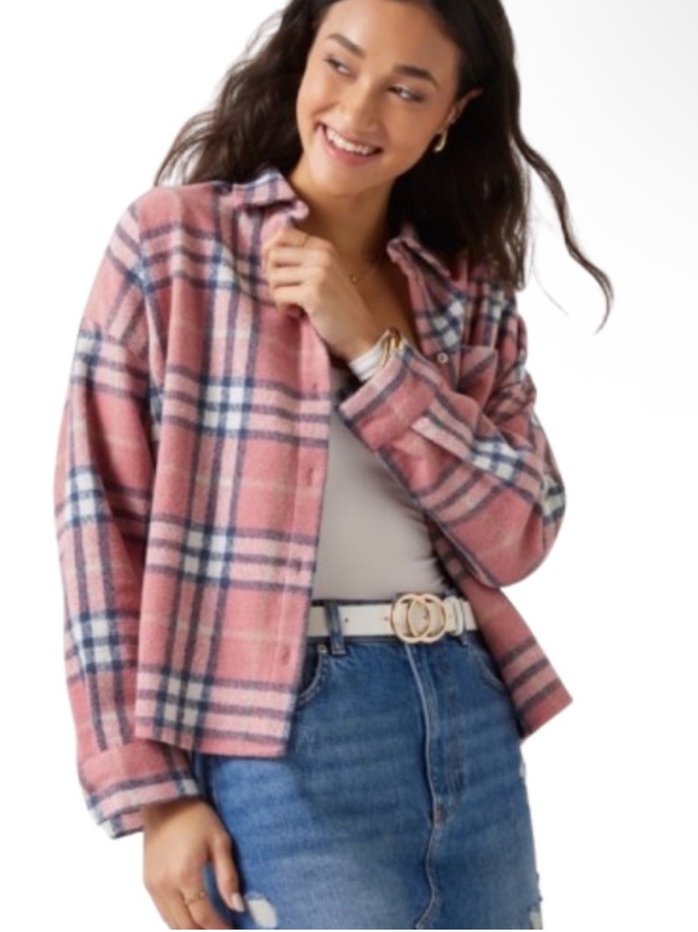 Miami for Francesca’s Pink Plaid Shortshack Flannel Top Size Medium